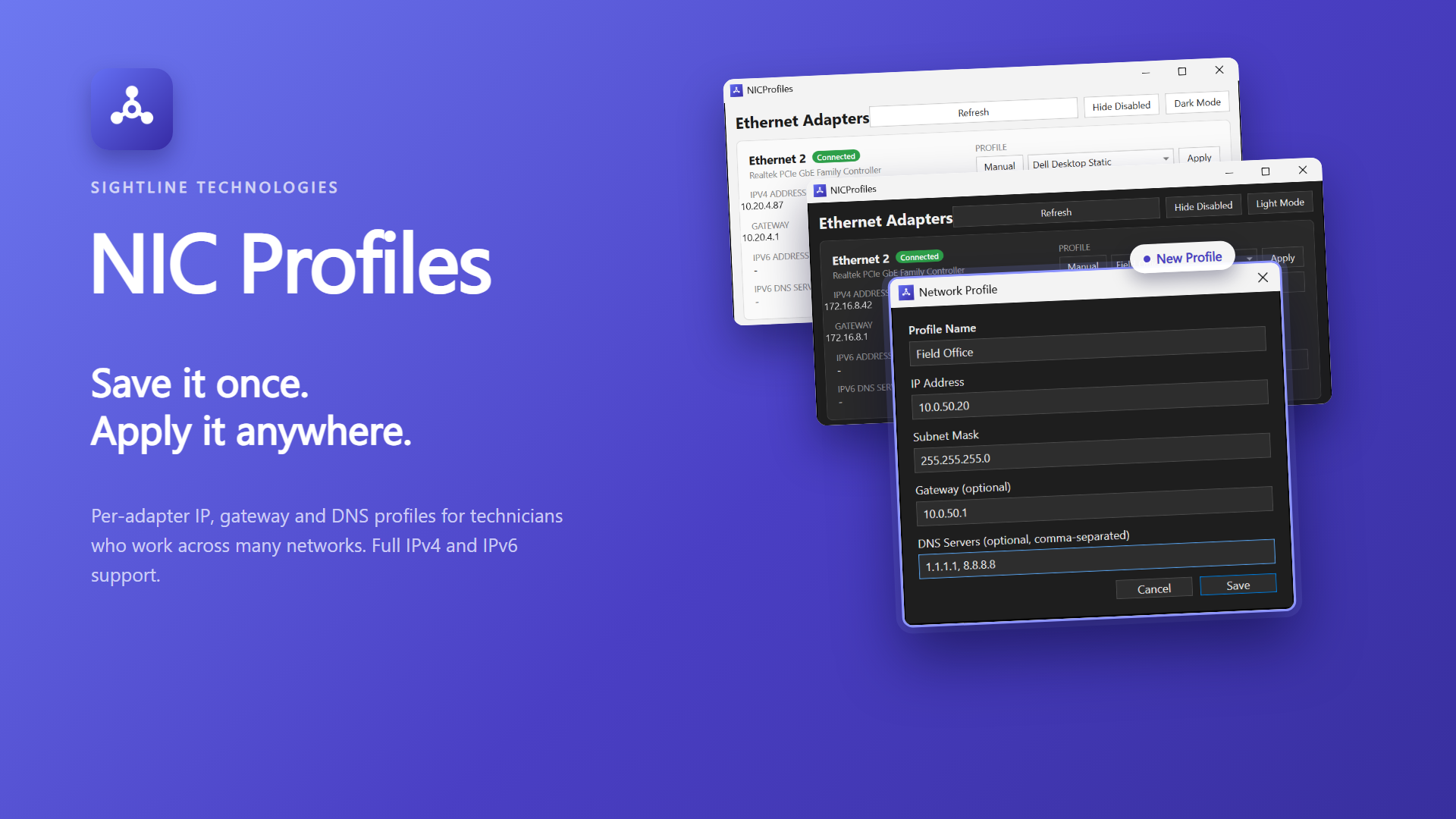 NIC Profiles app windows showing adapter list and network profile editor